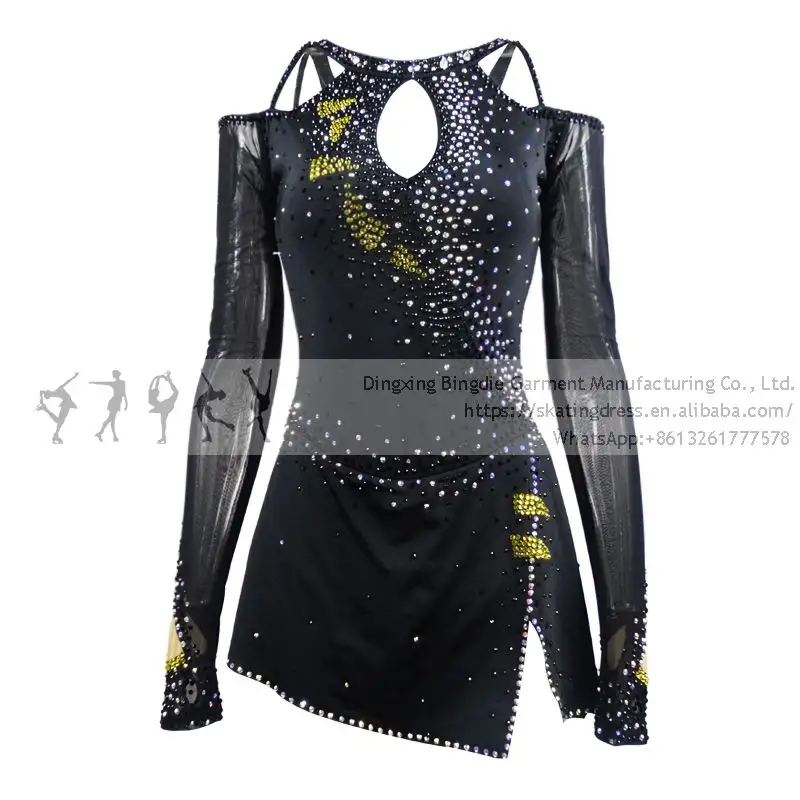 Robe de Patinage artistique Filles Motif Dragon Noir Spandex Danse Jupes Qualité Cristaux Concurrence Robe En Gros