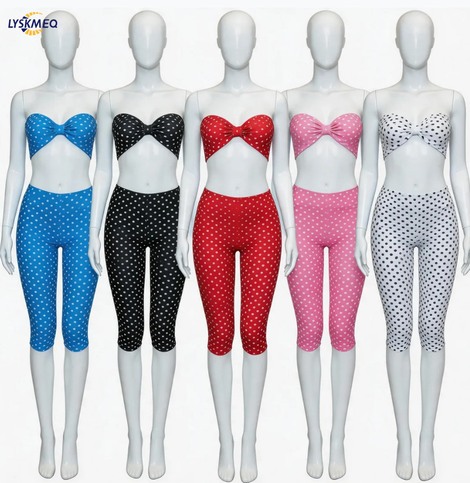 2026 Women Polka Dot 2 Piece Set Outfit Spaghetti Strap Sleeveless Backless Crop Top Pants Summer Sets Women Two-Piece Set