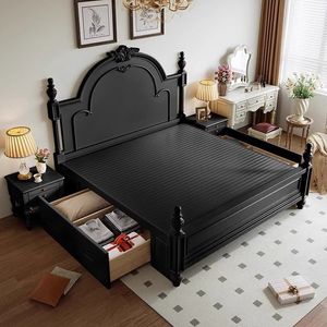 Cama Retro Negra de Madera Maciza de 1.8m, Tamaño King, Estilo Americano, Muebles de Dormitorio Vintage Franceses, Diseño con Caja de Almacenamiento - Product Image 5