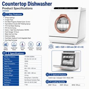 Lave-vaisselle de comptoir pour 8 couverts avec capacité de 75 ° Sèche-cheveux à air chaud PTC haute température C Double 360 °   Pulvérisation et décharge automatique des scories - Product Image 4