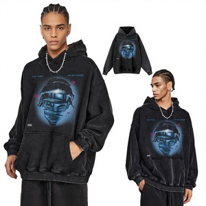 American-style Hip-hop Retro Rap Character <b>Printed</b> Cotton Loose Washed Distressed Hoodie Men's Women's Streetwear Trendy Brand - Product Image 1