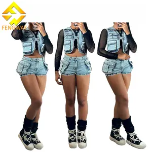 Spring 2024 Women Clothes Sleeveless Vest Tops 2 Piece Set Women's Denim Suit Multi Pocket Denim Shorts Set