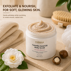 Gommage corporel à l'huile <span class=keywords><strong>de</strong></span> camélia HZBC en gros : Exfolie et hydrate, riche en Oméga-9, lisse la <span class=keywords><strong>peau</strong></span> à la fraise (type KP), nettoyant 2-en-1 - Product Image 5