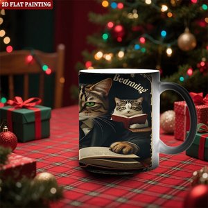 Mug en céramique noir givré 11 oz, tasse à changement de couleur thermique, motif chat lisant, peinture 2D plate - Product Image 2
