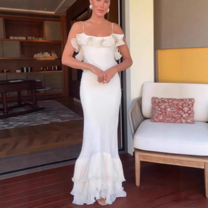 Robe <span class=keywords><strong>longue</strong></span> de <span class=keywords><strong>soirée</strong></span> moulante à bretelles et volants, style européen et américain pour femmes - Product Image 3