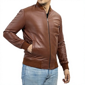 Chaqueta Bomber de Cuero Vacuno Marrón para Hombre, Cuello Camisero, Cierre de Cremallera, Corte Ajustado, para Otoño - Product Image 1