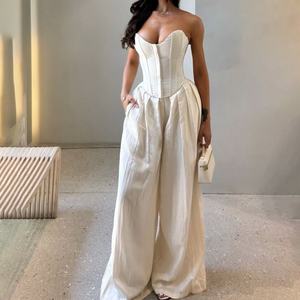 Conjunto de 2 Piezas de Primavera de Diseño OEM, Color Sólido, Lino y Algodón, Pantalones de Cintura Alta y Pierna Ancha con Bolsillo, Conjunto Casual para Mujer - Product Image 1