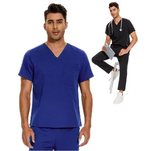 42019 Pantalones rectos de tela elástica de envío rápido uniformes médicos Unisex uniformes médicos masculinos uniformes hombres Scrubs Top cuello en V - Product Image 3