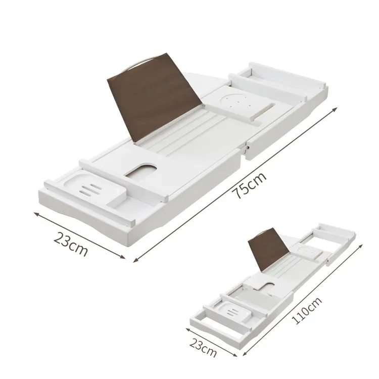 Weiße Farbe Bambus Luxus Badewanne Caddy Tablett mit Buch und Weinhalter Bad und Bett Tablett mit verlängerten Seiten