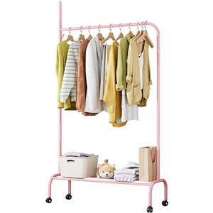 Modern Pink <b>Metal</b> Clothing <b>Rack</b> with Wheels Double Tier Storage <b>Shelf</b> for Living Room Multifunctional Standing Type - Product Image 6