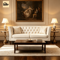 Set Sofa Vintage OKF Chesterfield dengan Pelapis Kulit, Sandaran Berumbai, Lengan Melengkung, Kaki Kayu, Dudukan Nyaman untuk Resepsi Villa