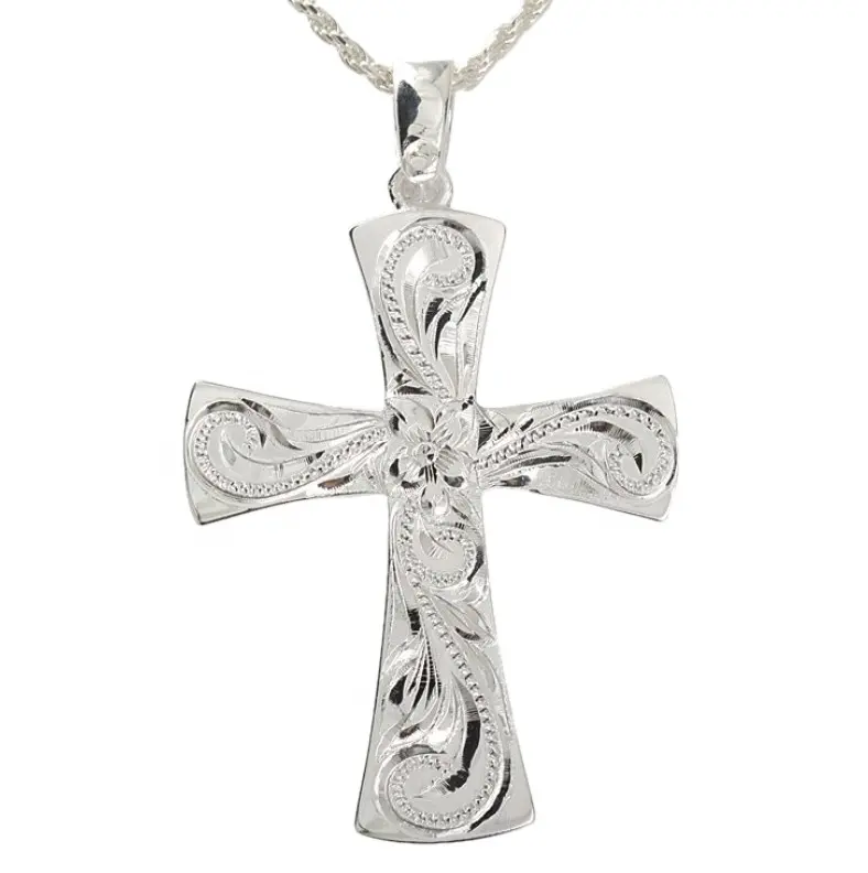 High quality hawaiian scroll hand carved fancy cross pendant necklace 925 sterling silver jewelry