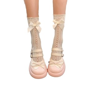 Ballet Style Bow Print Hollowed-out Lolita Slouch Socks For Women Ultra-thin 0D Nylon Mid-Calf Socks Black White - Product Image 4