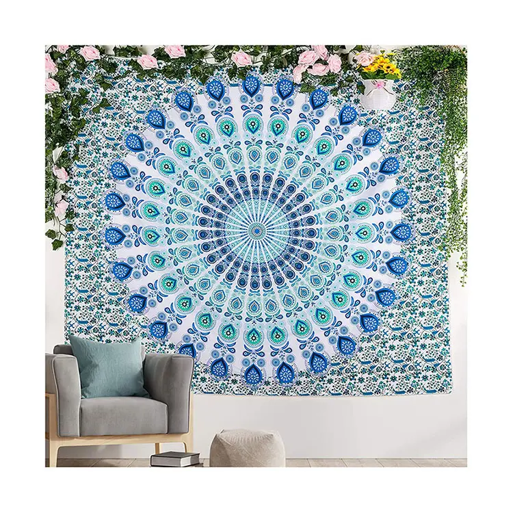 Not Fade Machine Washable Peacock Sky Blue Mandala Tapestry Wall Hanging