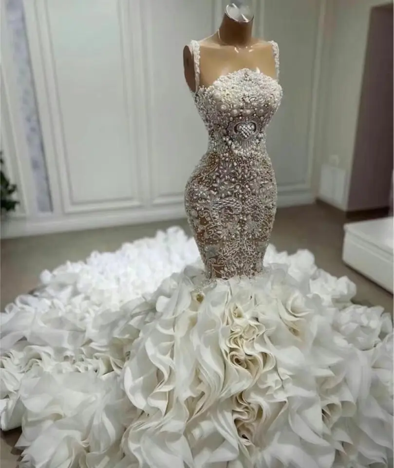 Mermaid Wedding Dresses Luxury Pearl Lace White Beaded Long Train Wedding  Dresses Women's Knife Pleated Skirt| Alibaba.com