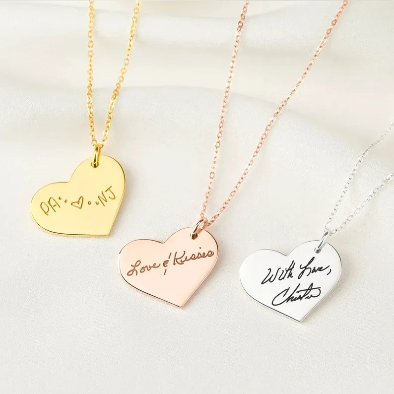Personalized Engraved Heart Necklace Memorial Dainty Women Rose Gold Heart Pendant