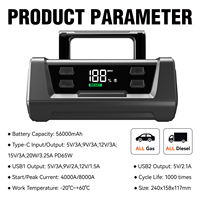 Démarreur de batterie combiné 12V et 24V 56000mAh, booster de batterie de voiture 65W PD pour camions essence/diesel, batterie externe avec lumière LED 4 modes