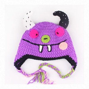 Madihine da donna cappellino da donna fatto a mano con cappello a forma di demone di Halloween divertente uncinetto con secchio a forma di corno sfera per occhi piccolo mostro decorativo lavorato a maglia - Product Image 3