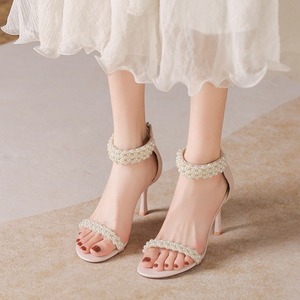 Zapatos de Tacón Alto con Punta Abierta, Correa en el Tobillo, Adorno de Perlas, Tacón de Aguja, Forro de Satén, Color Sólido, Tendencia de Moda, Zapatos de Mujer - Product Image 4