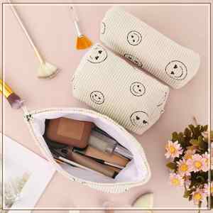 Juego de 3 Bolsas de Cosméticos de Pana con Diseño de Cara Sonriente, Estuche para Lápices Estilo Preppy, Bolsa de Viaje para Maquillaje y Belleza - Product Image 2