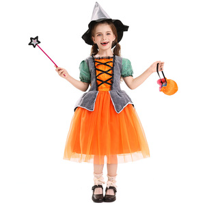 Robe de sorcière classique à motif citrouille, jupe en maille orange, costume d'Halloween, tenue de spectacle pour filles - Product Image 1