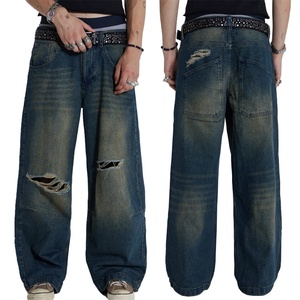 Jean baggy en denim épais délavé bleu, déchiré aux genoux, avec fermeture éclair, non extensible, pour homme - Product Image 6