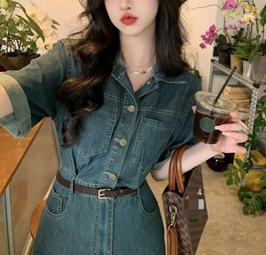 Nuovi Abiti Lunghi in <span class=keywords><strong>Denim</strong></span> da Donna Estivi con Maniche Corte, Colletto, Bottoni e Vita Stretta alla Moda - Product Image 3