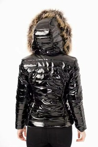 Veste coupe-vent personnalisée AQTQ pour <span class=keywords><strong>femme</strong></span>, en cuir PU brillant, avec col en <span class=keywords><strong>fourrure</strong></span>, imperméable et coupe-vent, décoration avec logo - Product Image 3