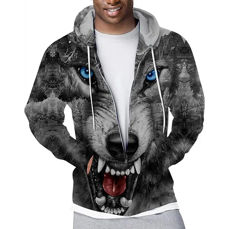 Wholesale Casual Streetwear Animal Hoodie Sweatshirt Wolf Graphic Print Zip Up Hoodie For Men