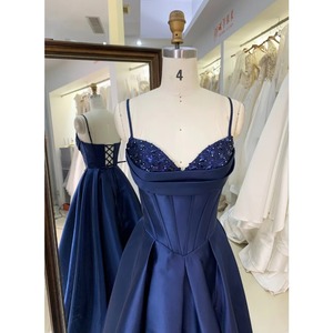 <span class=keywords><strong>Vestido</strong></span> de Noche <span class=keywords><strong>Azul</strong></span> <span class=keywords><strong>Marino</strong></span> Oscuro de Satén con Cuentas y Espalda con Cordones, Largo hasta el Suelo, Vestidos de <span class=keywords><strong>Princesa</strong></span> para Fiesta de Graduación al por Mayor - Product Image 2