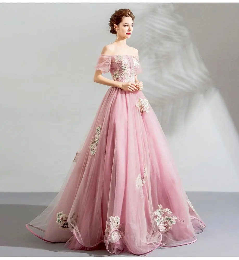 Vestido de novia de bola de tul sin hombros, último diseño barato, Color rosa