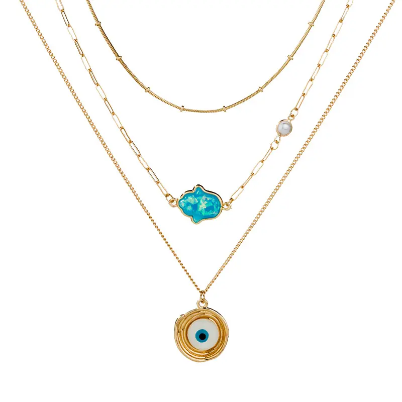 Handmade Metal Edging Round Evil Eye Necklace Abalone Shell Palm Shape Multi Layer Necklace Summer Boho Jewelry