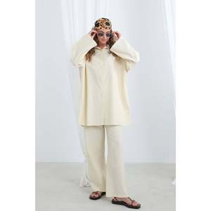 LOREEN Women's Button Detail Oversize Shirt and Pants Two-Piece Set, Casual Loose Fit Blouse & <b>Trousers</b> Outfit, Beige 20694TKS - Product Image 4