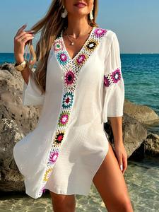 Vestido de playa blanco con cuello en V de ganchillo, traje de baño de verano, Túnica de verano para mujer, ropa de playa Saida Praia - Product Image 2