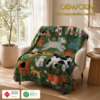 Selimut Tenun Motif Anjing Kartun Lucu, Selimut Permadani Rumbai Bunga Latar Belakang Hijau untuk Tempat Tidur Sofa Dekorasi Rumah