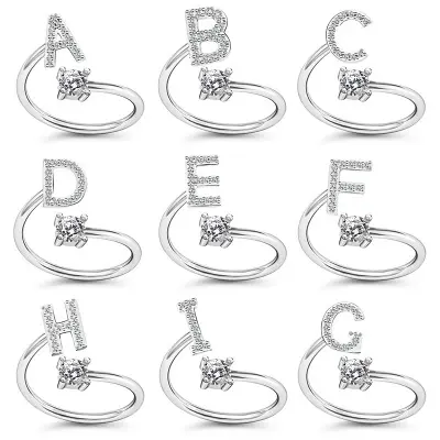 Q826 Women Adjustable Rhinestone A - Z Letters Initial Name Stackable Ring Alphabet Rings