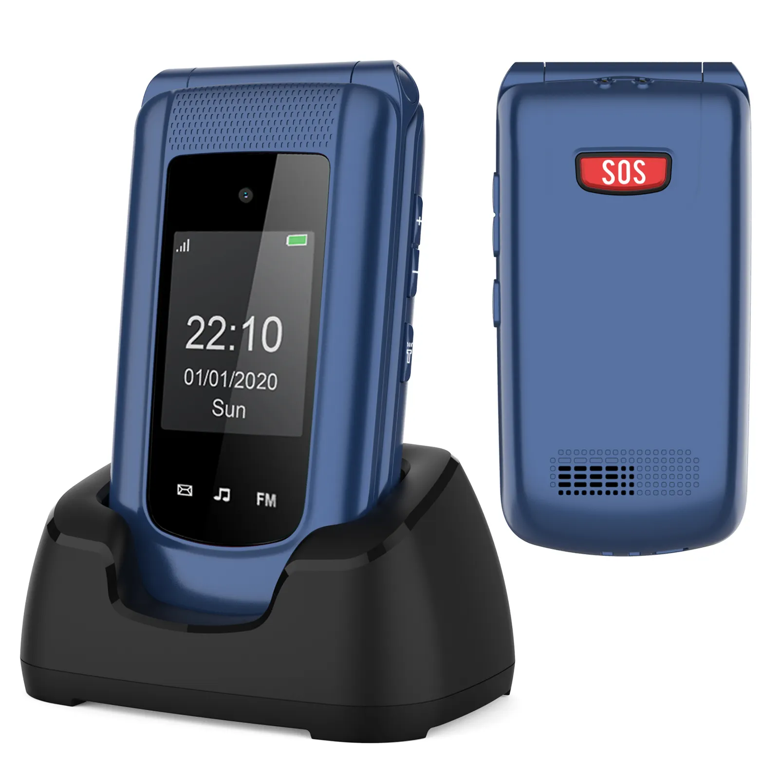 Brand New 2 gam Cao Cấp Lật điện thoại SOS hiển thị lớn 2.4 + 1.77 Dual LCD điện thoại di động cho người cao tuổi với SOS FM