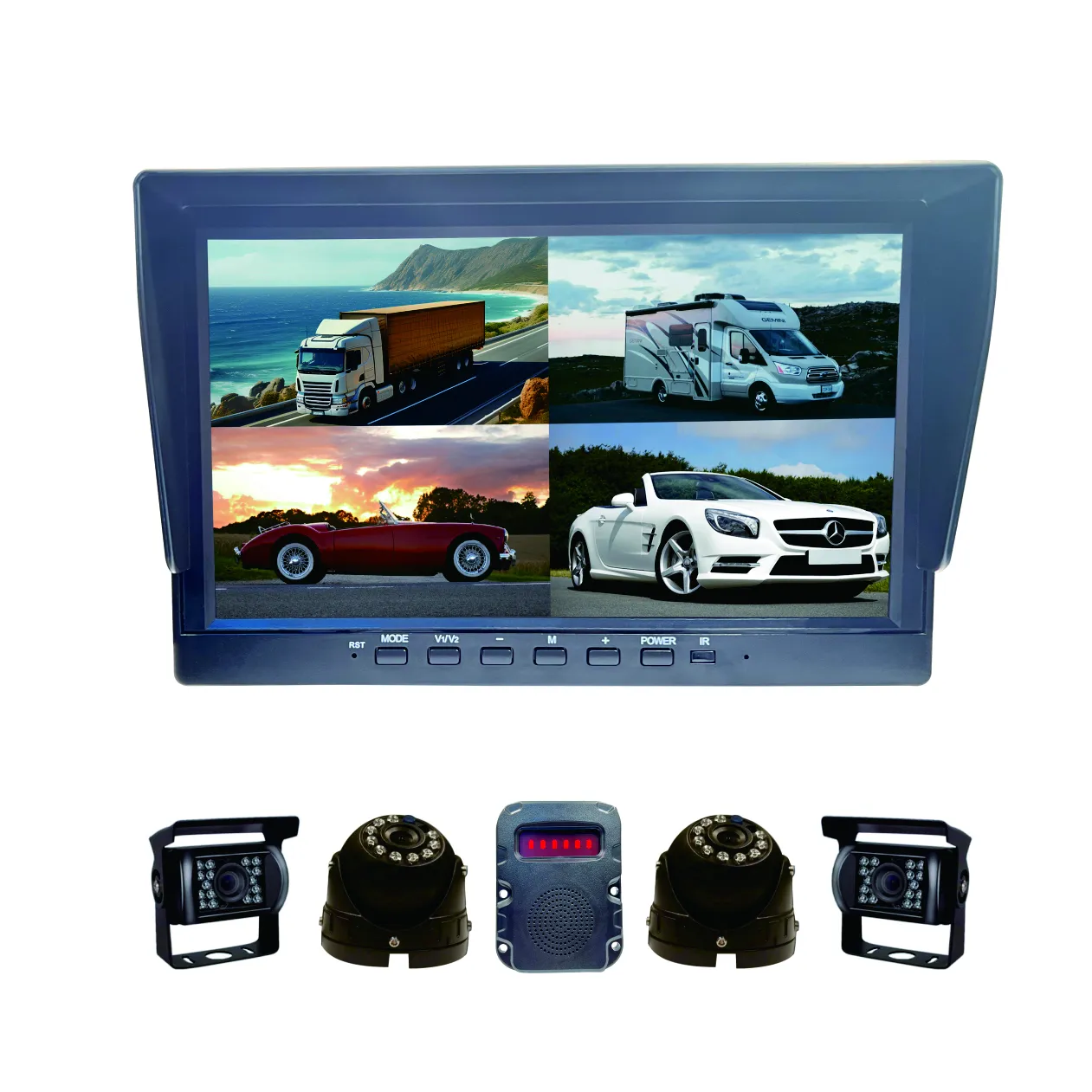 10 인치 HD 모니터 쿼드뷰 모션 감지 경보 자동차 트럭 버스 자동차 반전 이미지 디스플레이 대시 카메라 시스템