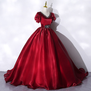 Burgundy Evening Gown V Neck Empire Waist Ball Gown Puffy Dress For Birthday Party Coming Of Age Ceremony Spring - Product Image 2