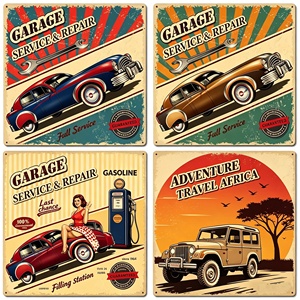 Nuova Targa in Latta Vintage Personalizzata, Decorazione da Parete in Stile Industriale Americano 30x30cm Senza Cornice <span class=keywords><strong>con</strong></span> <span class=keywords><strong>Auto</strong></span> Classiche - Product Image 1
