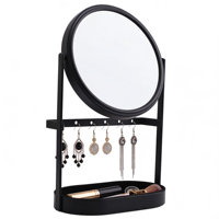 Miroir de courtoisie rond personnalisé avec plateau de présentation pour boucles d'oreilles, socle en métal noir mat, miroir cosmétique en gros