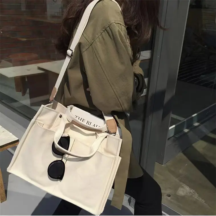 Large Capacity Canvas Bag Cheap Korean Ins Simple Casual Multi Pocket Women Shoulder Tote Portable Crossbody Big Bag