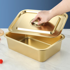 Stainless Steel <b>Gold</b> <b>Serving</b> <b>Tray</b> Rectangular With Lid Microwave Safe For Food Storage And Cooking - Product Image 1