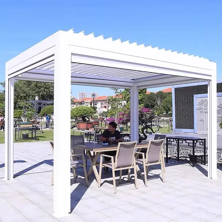 Gazebo Pergola rétractable Bioclimatic en aluminium 4x3 en bois et métal durable, résistant aux rongeurs et à la pourriture, étanche