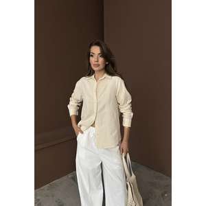 Camisa de Lino Beige Minimalista para Mujer, Transpirable, Estilo Diario, Diseño Simple, Blusa de Manga Larga - Product Image 5