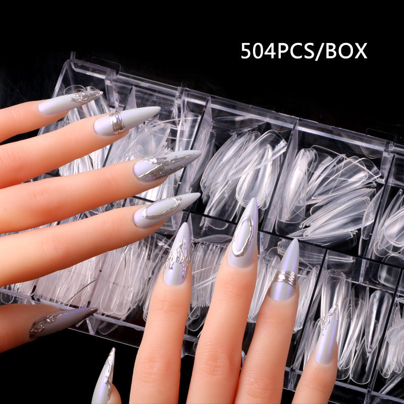 TSZS New Arrival Finger Nails Design Long Stiletto Shape Clear Full Cover False Nail Transparent ABS Fake Nail Tips