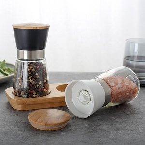 Amazon Hot Sale Wholesale Factory Direct LFGB Plastic ABS Wood/Bamboo Salt and Pepper Spice Mills Set with Bamboo Base