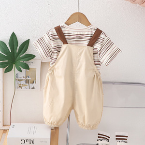 Traje de manga corta con tirantes de dibujos animados para niños de dos piezas de verano a rayas finas informales para niños nuevos - Product Image 4
