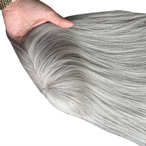 Topper de cheveux humains européens à double tirage de couleur sel et poivre pour cheveux clairsemés Topper de cheveux gris argenté à densité de lumière - Product Image 4