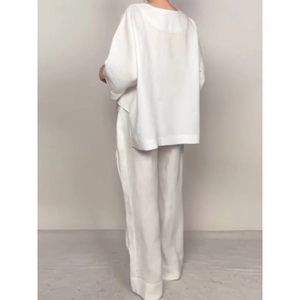 Ensemble 2 pièces pour femmes, décontracté, couleur unie, grande taille, manches trois quarts irrégulières, col en V, haut et pantalon en coton, tendance - Product Image 5